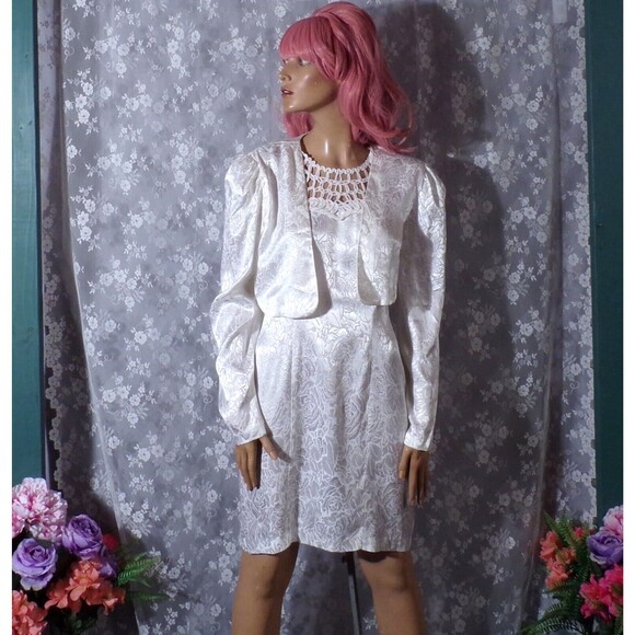 Vintage 90s Dress 1990s White Floral Vegas Wedding Engagement Size Small S/M - Picture 2 of 8